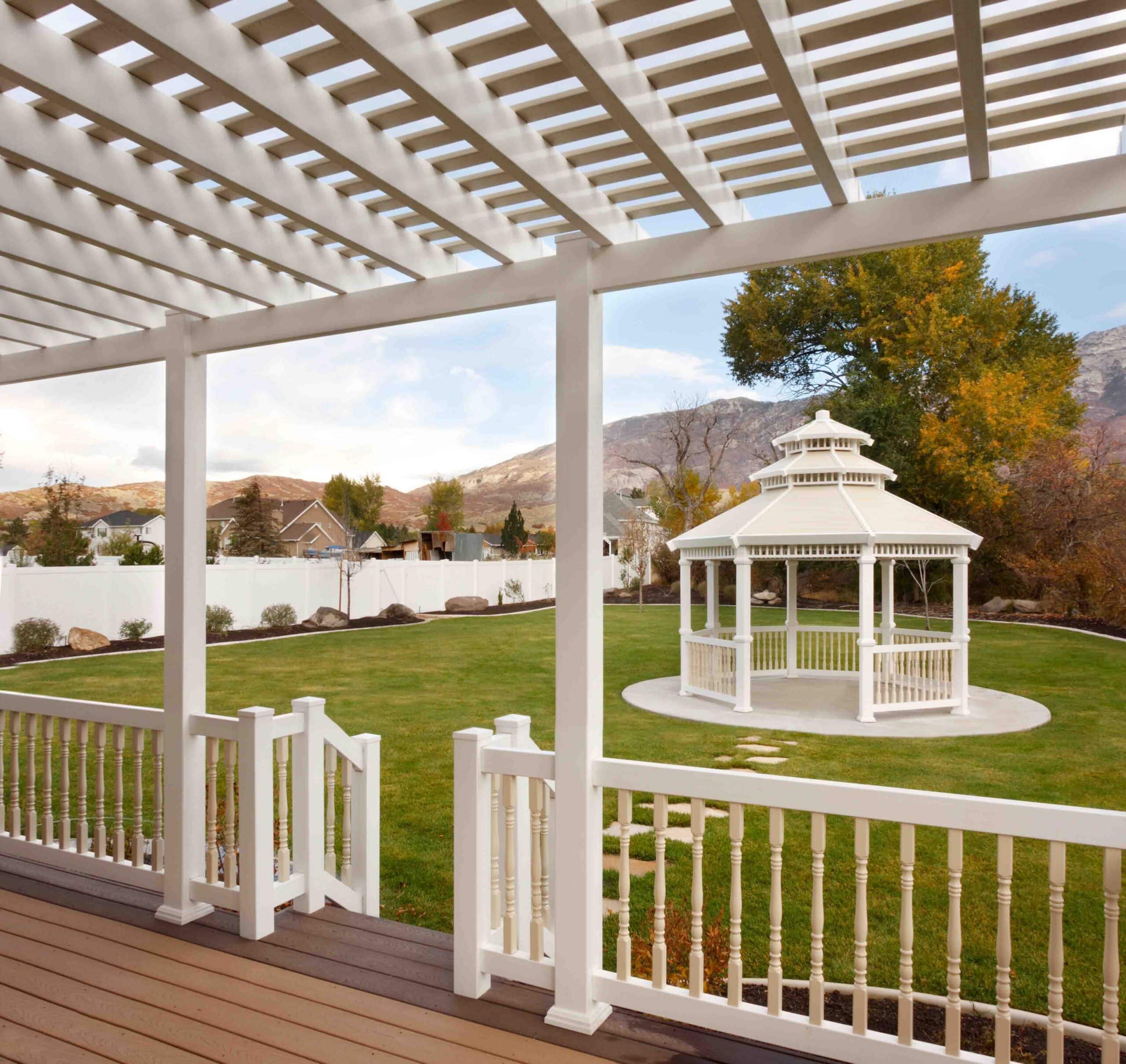 vinyl gazebo with walkway and railing